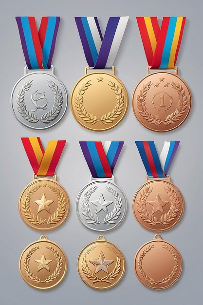 Set of gold silver and bronze award and olympic medals