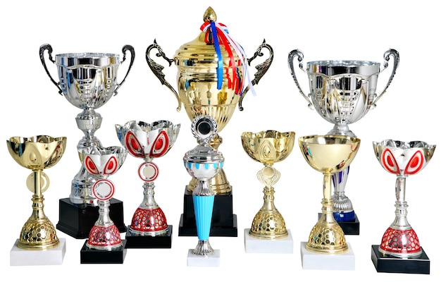 Set of gold and silver trophies, cups winner isolated on white surface.