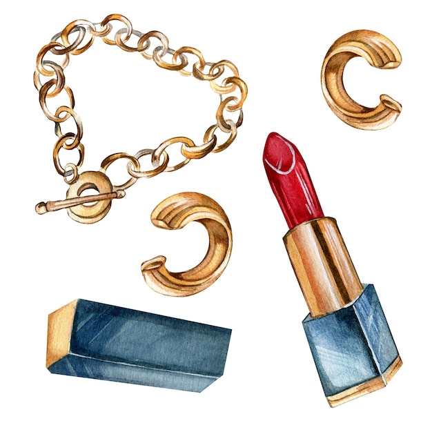 Set of golden bracelet wiht red lipstick watercolor illustration isolated