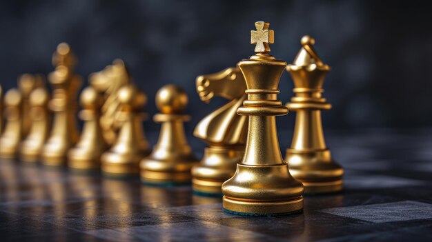 황금 체스 조각의 집합 요소는 사업 아이디어와 경쟁의 체스 보드 게임 개념과 성공을위한 전략 계획을 의미합니다.