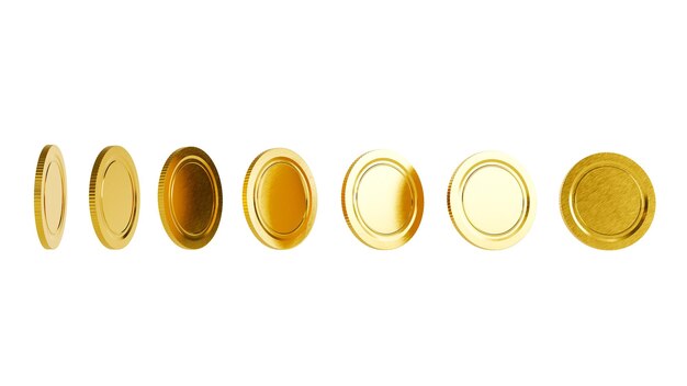 白い背景の3Dレンダリングでさまざまな形の金貨のセット
