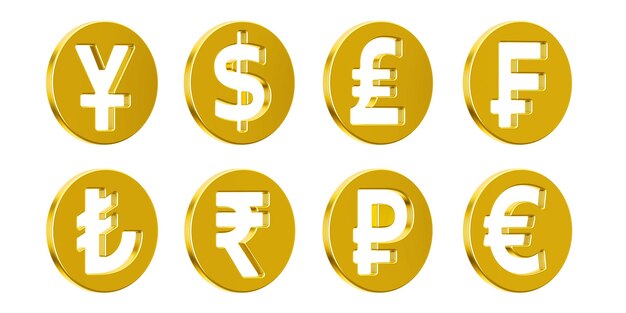 set of golden currency symbols 3D rendering