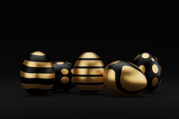 黒の背景に金色のイースターの卵のセットハッピーイースター3dレンダリングイラストバナー最小限の休日スタイルのデザイン3dレンダリング自然な創造的な構成レンダリングイラスト