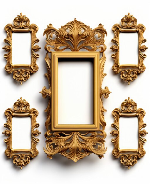 Set of golden frames for paintings mirrors or photo isolated on white background