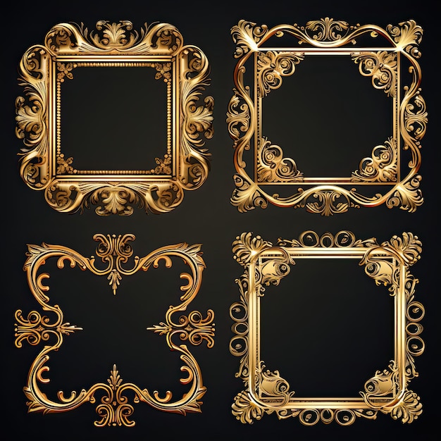 Set of golden frames for paintings mirrors or photo isolated on white background