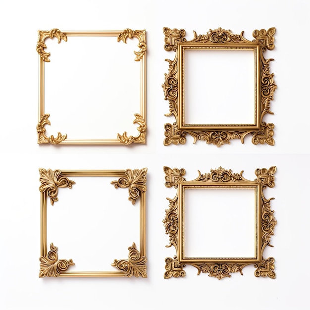 Набор золотых рамок для картин, зеркал или фотографий, изолированных на белом фоне