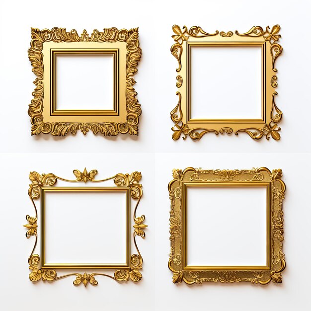 Set of golden frames for paintings mirrors or photo isolated on white background