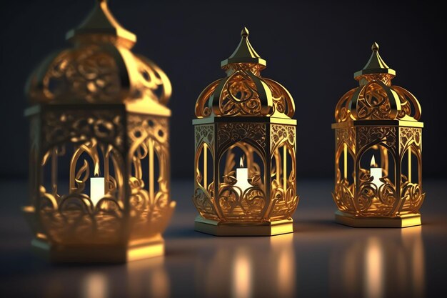 A set of golden lanterns with the lights lit up