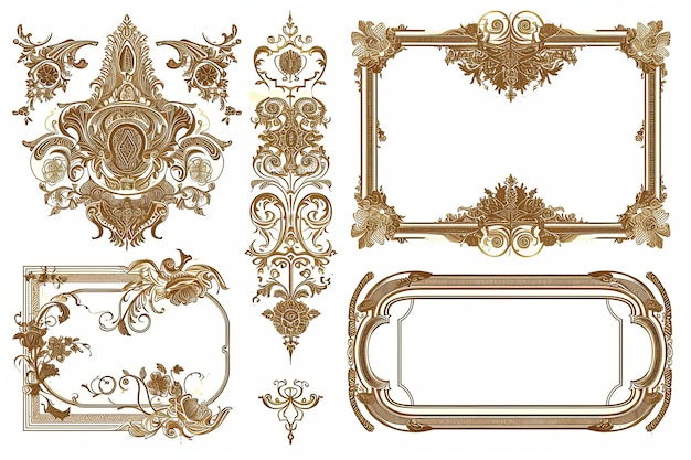 Set of Golden luxury border frame design on white background or Decorative vintage floral ornament frames