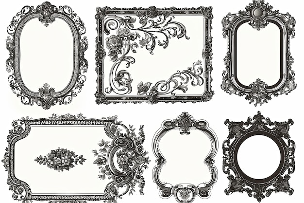 Photo set of golden luxury border frame design on white background or decorative vintage floral ornament frames