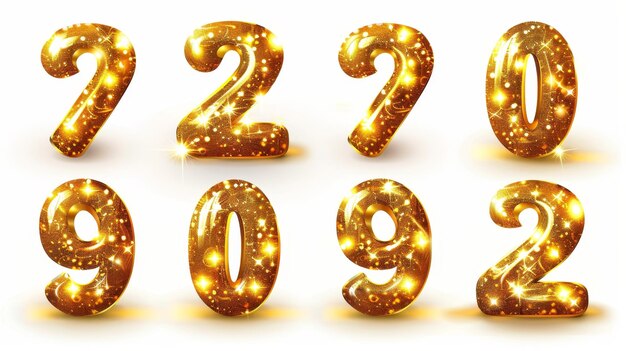 Photo set of golden metal numbers with sparkling accents isolated on white background symbols from 0 to 9 in gold or shining metal