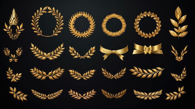 Photo set of golden ribbons laurel wreaths of different shapes for winners gold podium 3d realistic luxury leadership award with falling glitter and light smoke on dark background