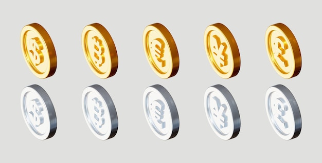 Set of golden and silver coin with different sign on white background. 3d rendering