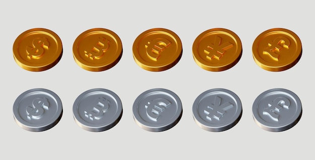 Photo set of golden and silver coin with different sign on white background. 3d rendering