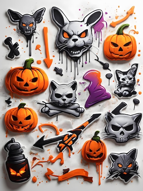 Set of graffiti spray pattern Collection of halloween symbols ghost skull cat rabbit pumpkin