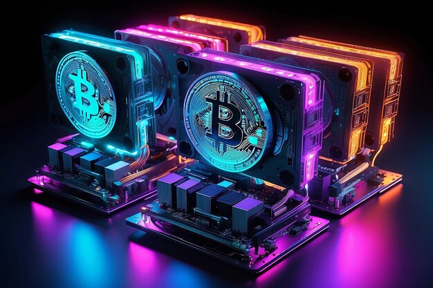 Set of graphic cards neon glowing Bitcoin symbols the concept of cryptocurrency mining 3D rendering