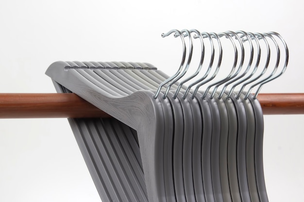 Set of gray clothes hangers.