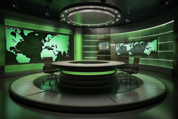 A set of green and black studio tv sets with a world map on the wall.