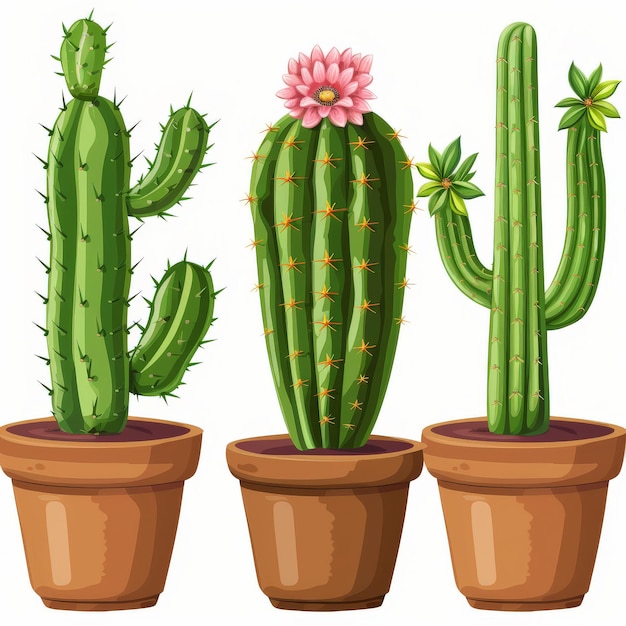 Photo set of green cactus plants brown pots with flower illustration on white background