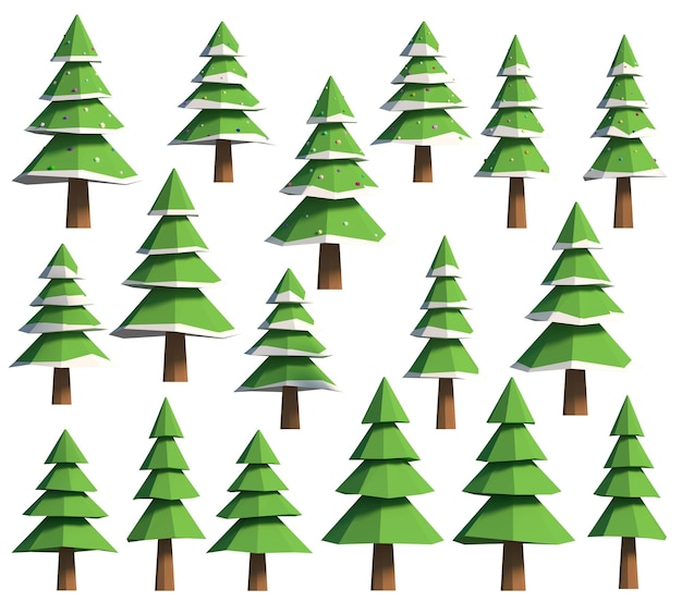 Photo set green fir trees decorated with snow toys isolated 3d illustration of christmas trees isometric