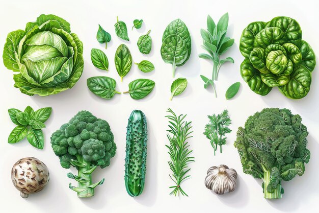 A set of green herbs and vegetables organic vegetarian food isolated on a white background modern illustration