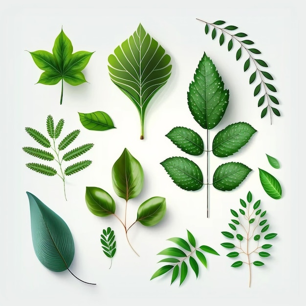 A set of green leaves on a white background