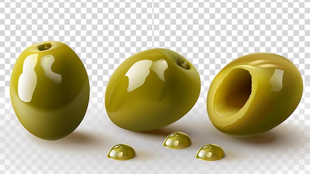 Set of green olives with oil drops Vector illustration isolated on transparent background