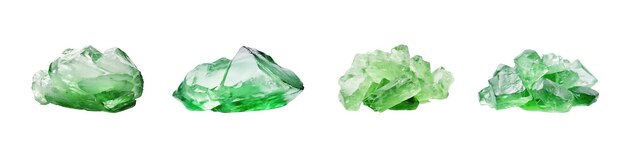 Set of green tourmaline crystals isolated over the white background set of three different foreshort