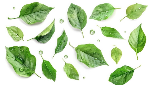 Set of green tree leaves and branches with raindrops isolated on white background