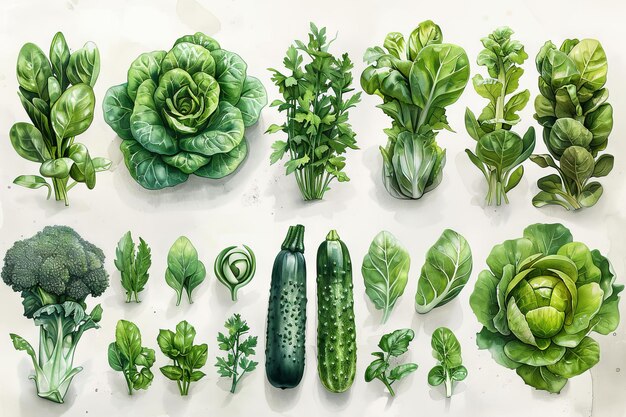 녹색 채소와 허브의 세트 유기 채식 음식 현대 일러스트레이션은 색에 분리되어 있습니다.