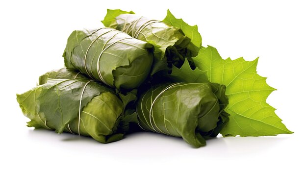 A set of green wrapped leaves on white background