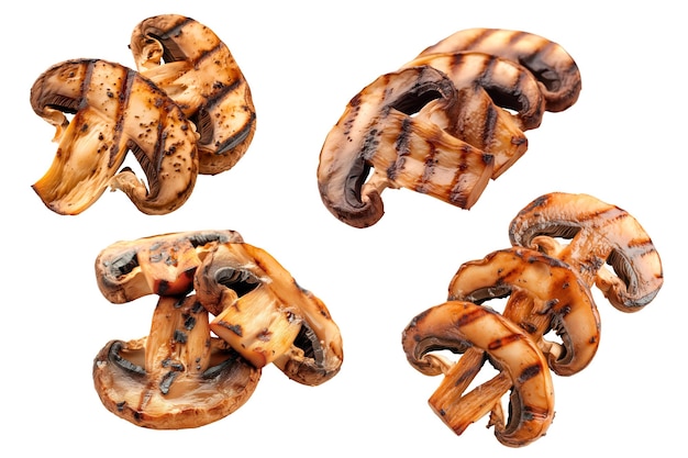 Set of grilled champignon mushrooms slices isolated on a white or transparent background grilled