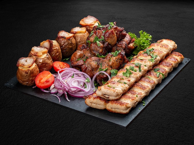 A set of grilled meat Lula kebab pork gammon veal steak and baked potatoes Isolated on a dark