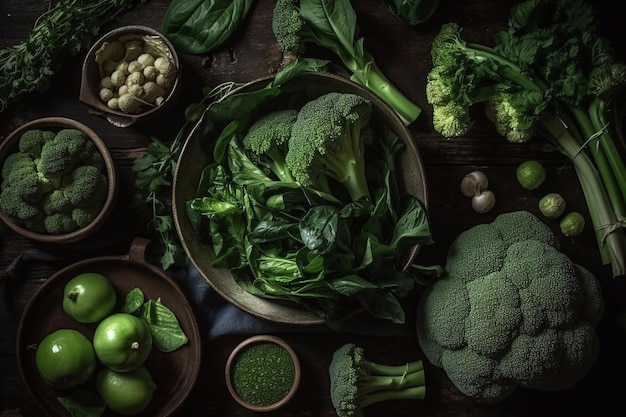 Set groene groenten donker houten oppervlak Generatieve AI