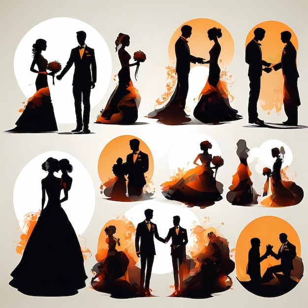 Photo set of groom and bride silhouettes illustration of a wedding event happy moment