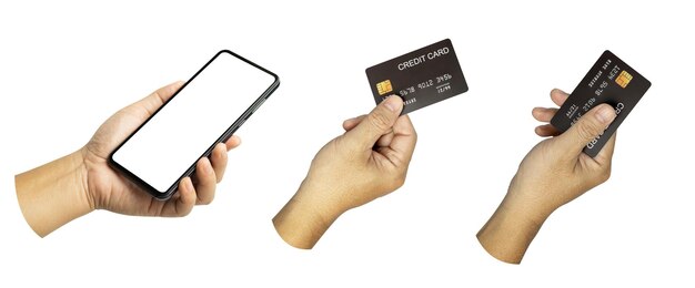 男性の手のセット グループは、クレジット カードと白で隔離される携帯電話を保持します。