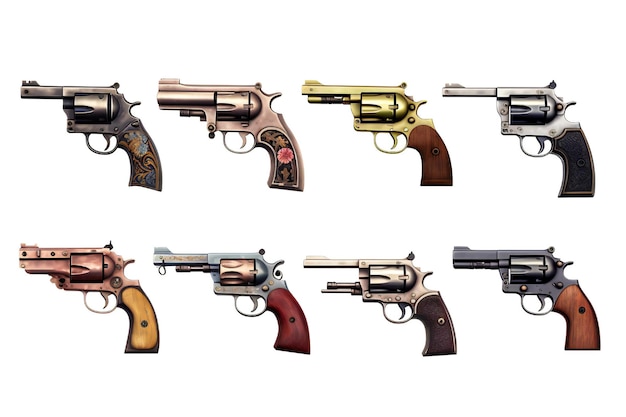 Photo set of guns on white background