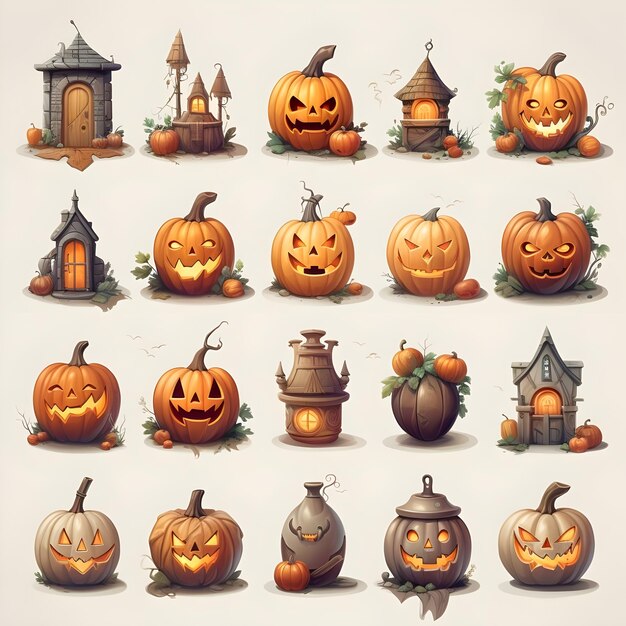 Set of Halloween icons on a white background vector illustration