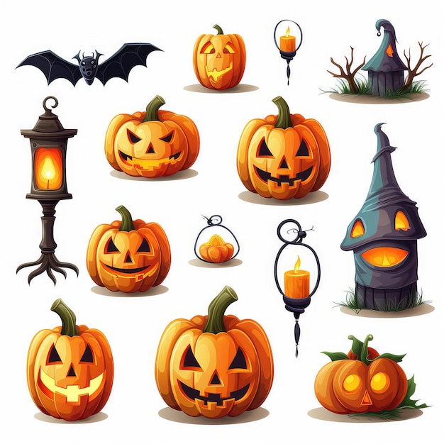 Photo set of halloween icons on white background