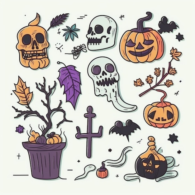 Photo a set of halloween icons with pumpkins generative ai