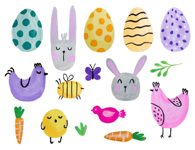 Photo set of hand drawing easter eggs with animals watercolour spring art design elements