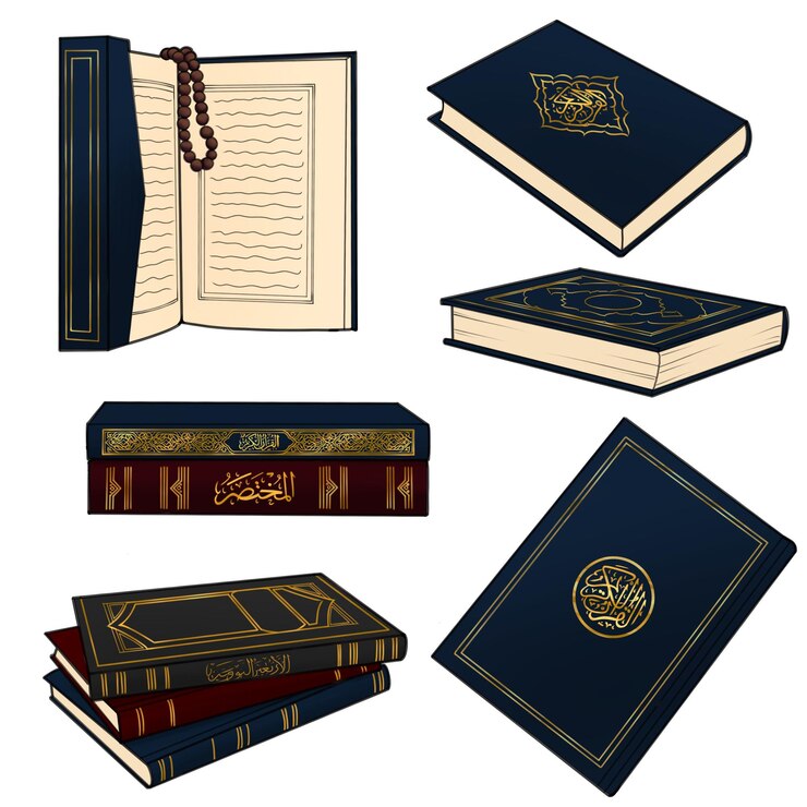 Photo set of hand drawings of the koran or muslim book for worship in ramadan