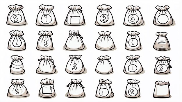 Set of hand drawn bags with numbers and letters on the front of them Generative AI