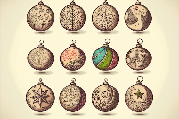 Set of hand drawn christmas baubles decoration creative digital painting