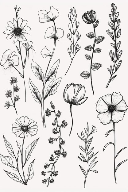 Foto una serie di fiori e piante disegnati a mano