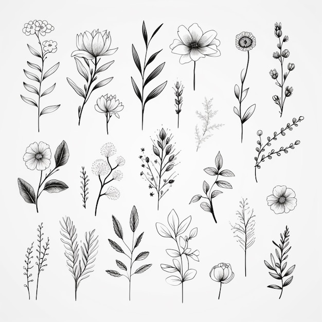 a set of hand drawn flowers and plants generative ai