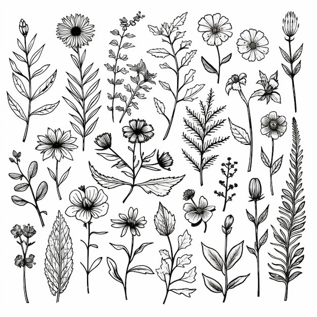 손으로 그린 꽃과 식물의 세트