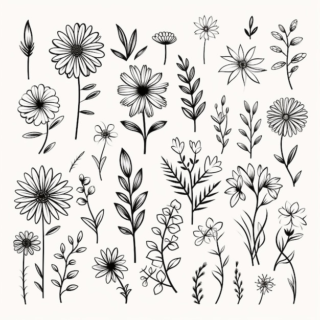 Photo a set of hand drawn flowers and plants generative ai