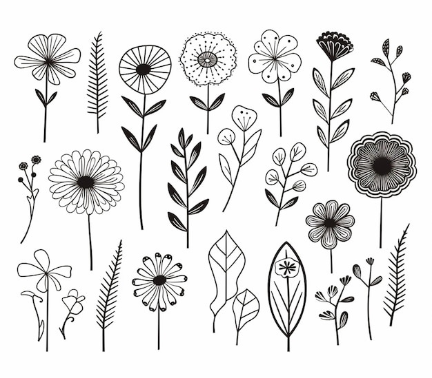 A set of hand drawn flowers and plants on a white background generative ai