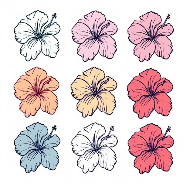 Photo set of hand drawn hibise flowers generative ai